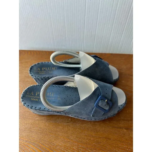 La Plume Women's Size 38 Blue Leather Slip-On Sandals With Buckle Accent Sz 6.5 - Picture 4 of 9